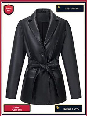 Faux Leather Blazer Jacket Women Belted Vegan PU Coat Office Chic